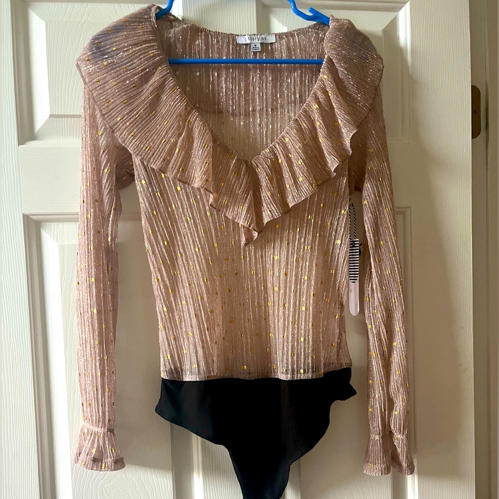 NWT Rose Gold Sheer Bodysuit Gold Polka Dots